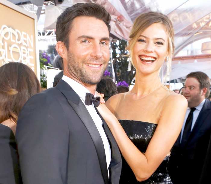 Adam Levine and model Behati Prinsloo arrive to the 72nd Annual Golden Globe Awards held at the Beverly Hilton Hotel.