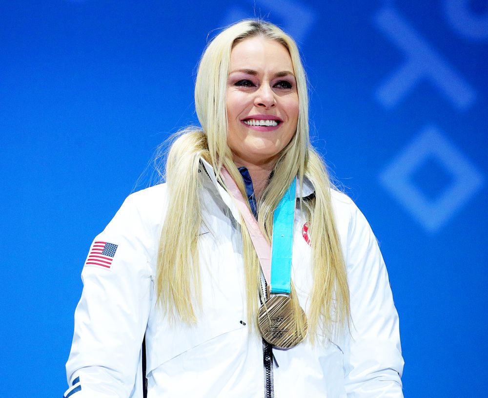 Bronze medallist Lindsey Vonn of the United States celebrates during the medal ceremony for the Ladies' Downhill on day twelve of the PyeongChang 2018 Winter Olympic Games at Medal Plaza on February 21, 2018 in Pyeongchang-gun, South Korea.