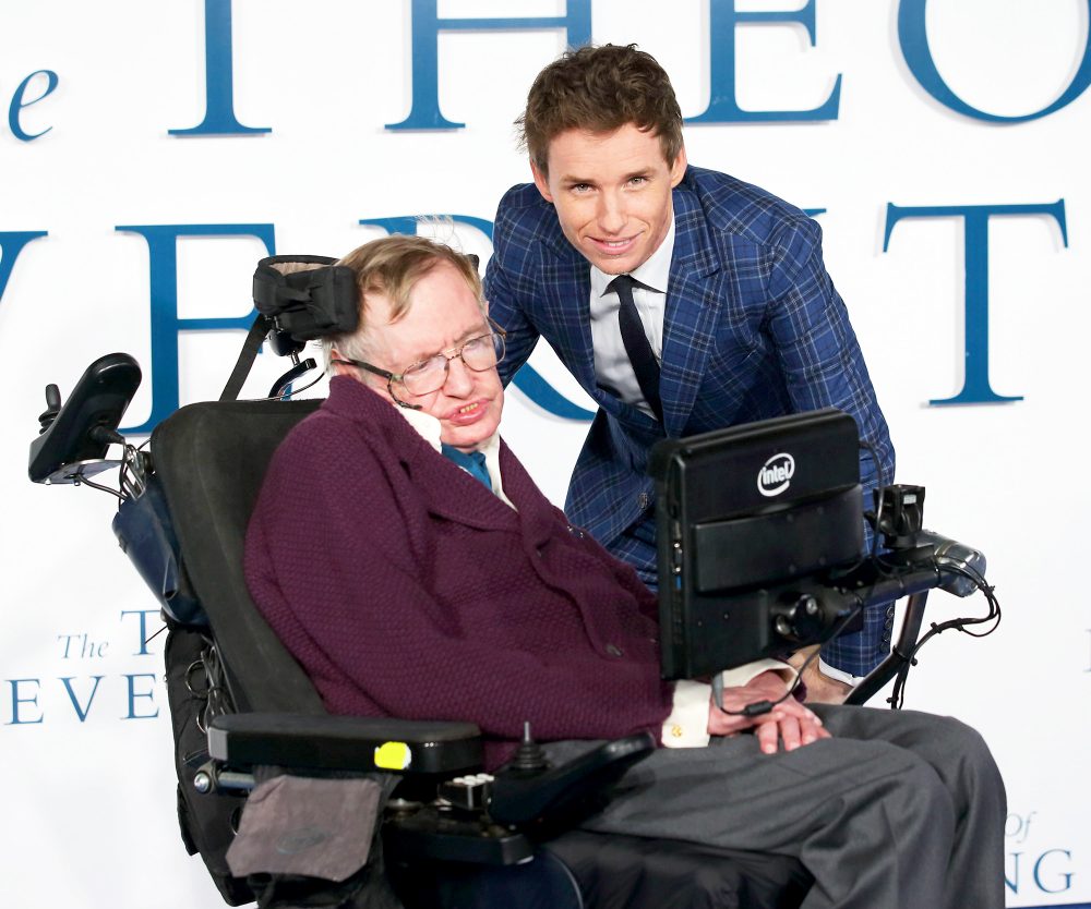 Stephen Hawking and Eddie Redmayne attend the UK 2014 Premiere of "The Theory Of Everything" at Odeon Leicester Square in London, England.