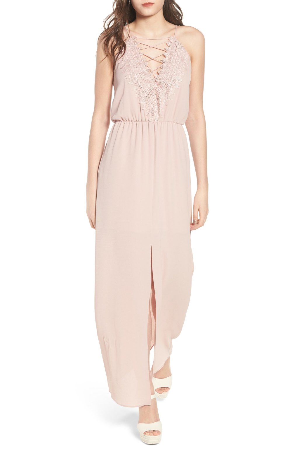 pink maxi dress lace up 