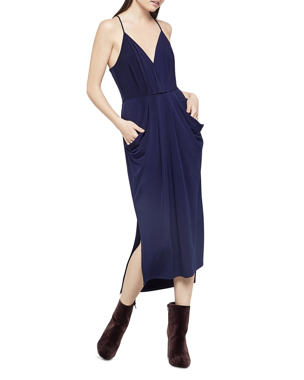 navy faux wrap dress midi dress 