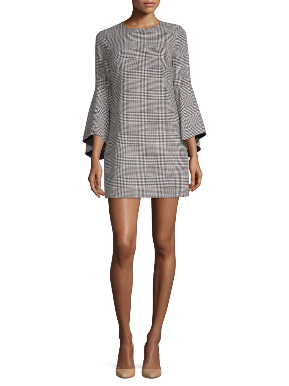 Alice + Olivia Plaid Bell-Sleeve Mini Dress