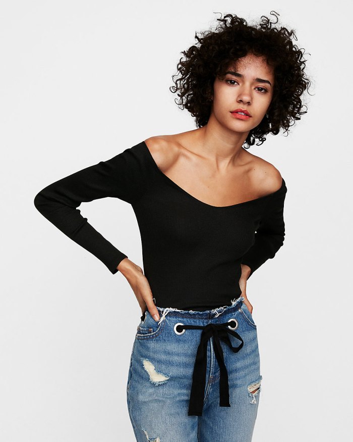 off shoulder top with a rib knit design