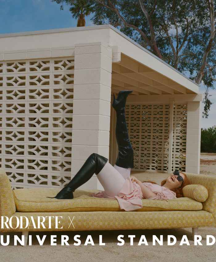 Rodarte x Universal Standard collection black boots pink outfit