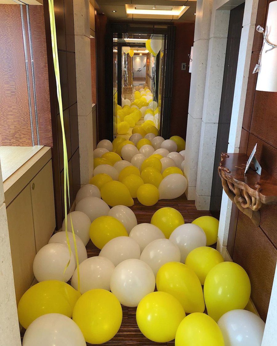 Yellow and White balloons Kylie Jenner Rings in Her 22nd Birthday With Shots, Exquisite Flowers and a Lavish Diamond Necklace From Travis Scott