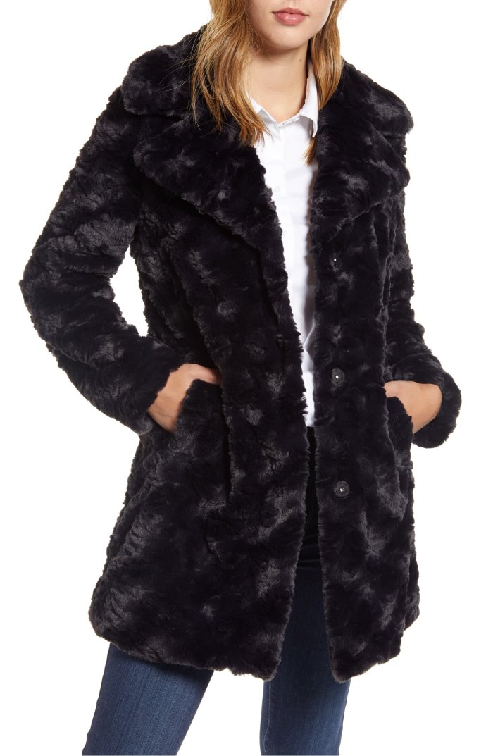 Kenneth Cole New York Textured Faux Fur Coat black