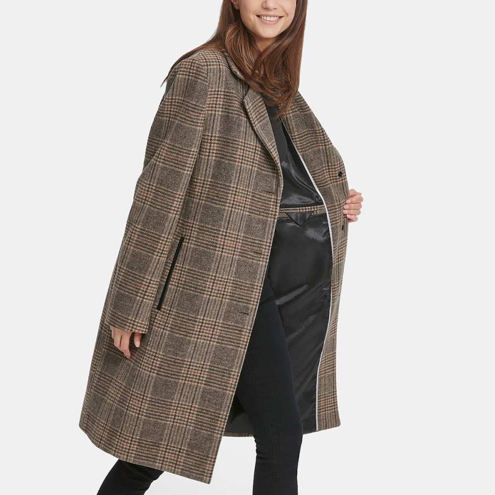 DKNY Plaid Faux-Leather-Trim Walker Coat