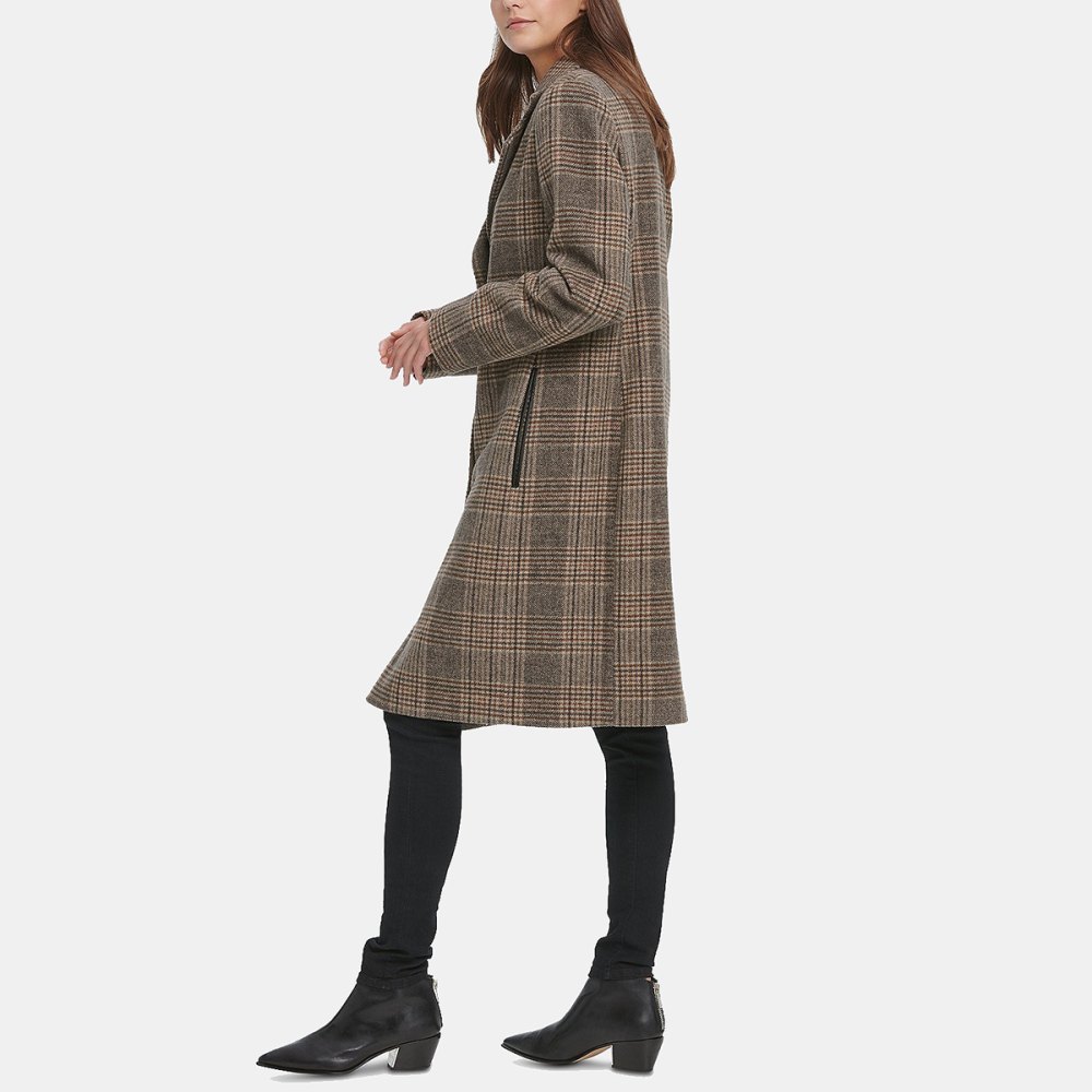 DKNY Plaid Faux-Leather-Trim Walker Coat