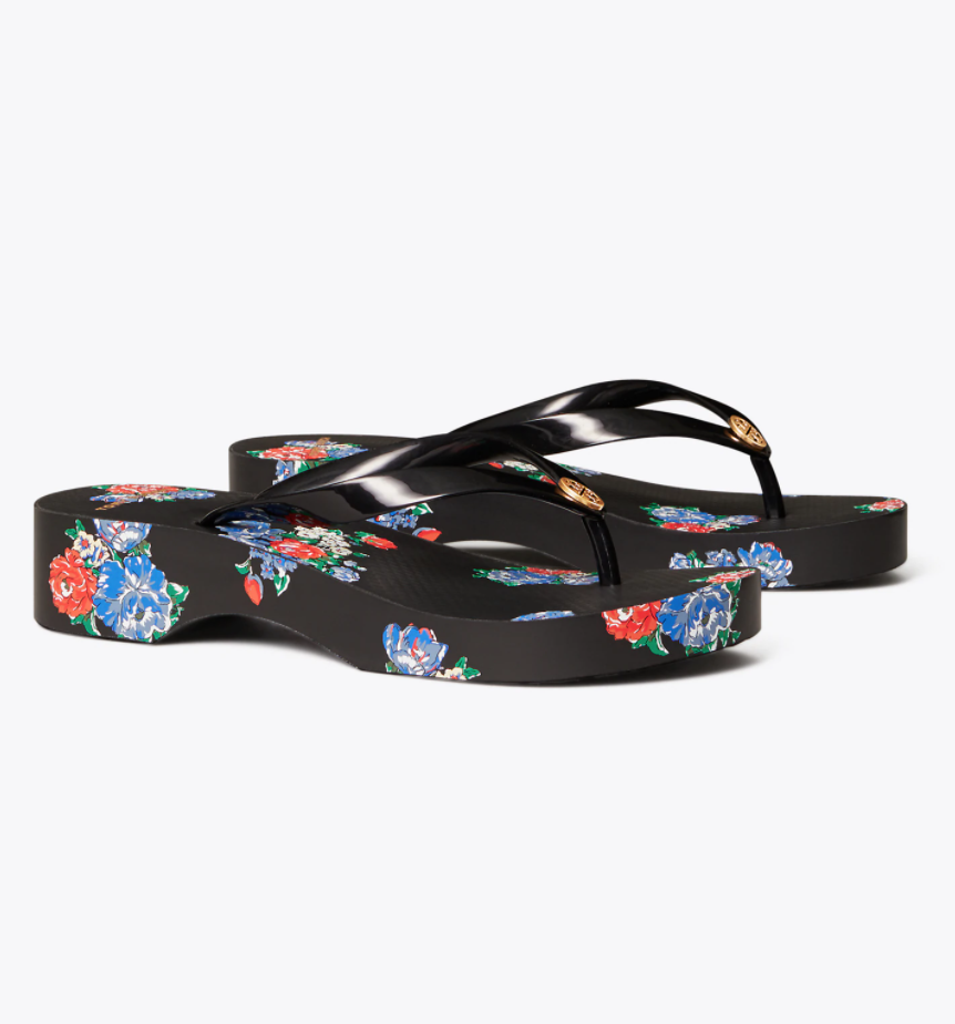 Printed Carved-Wedge Flip-Flop (Black : Tea Rose)