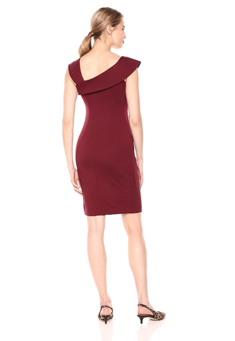 Lark & Ro Women's Asymmetrical Flounce Neckline Sheath Dress (Deep Wine)