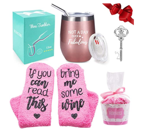 FUNCUBE Wine Tumbler with Saying + Cupcake Wine Socks Gift Set