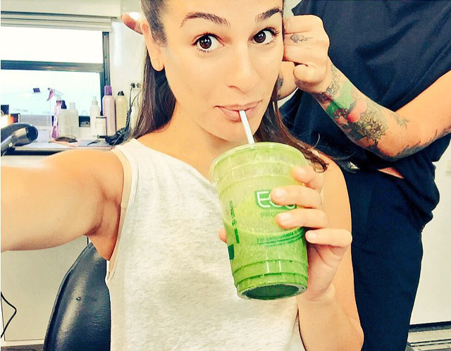 Lea Michele eating while getting ready