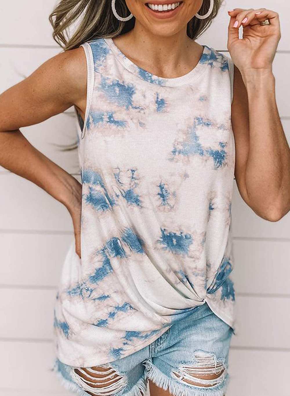 Biucly Round Neck Sleeveless Tie-dye Gradient Tank Top