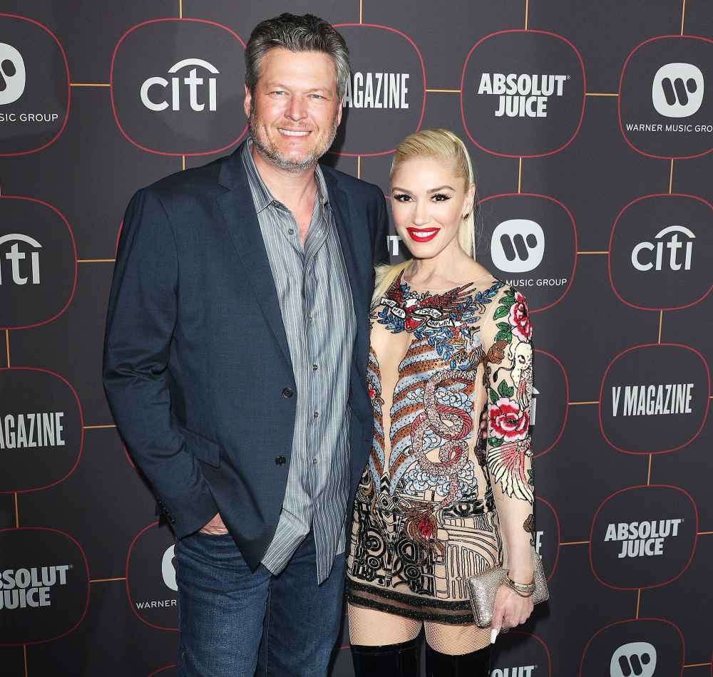 Gwen Stefani and Blake Shelton at Warner Music Pre-Grammys Party Gwen Stefani Corrects Dua Lipa After She Mistakenly Calls Blake Shelton Her Husband