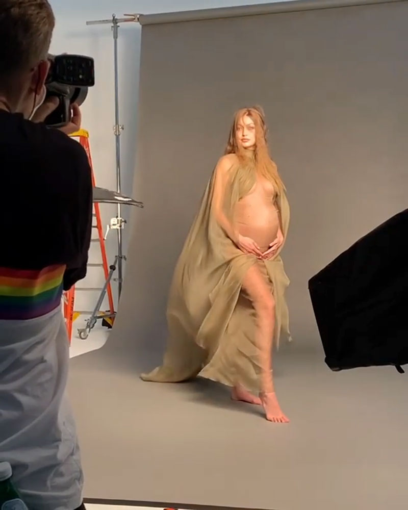 Pregnant Gigi Hadid Shows Making of Maternity Shoot With Behind-the-Scenes Pic in Green Dress