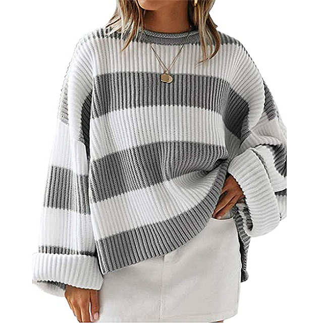 ZESICA Women's Long Sleeve Crew Neck Striped Color Block Oversized Knitted Sweater (Grey)