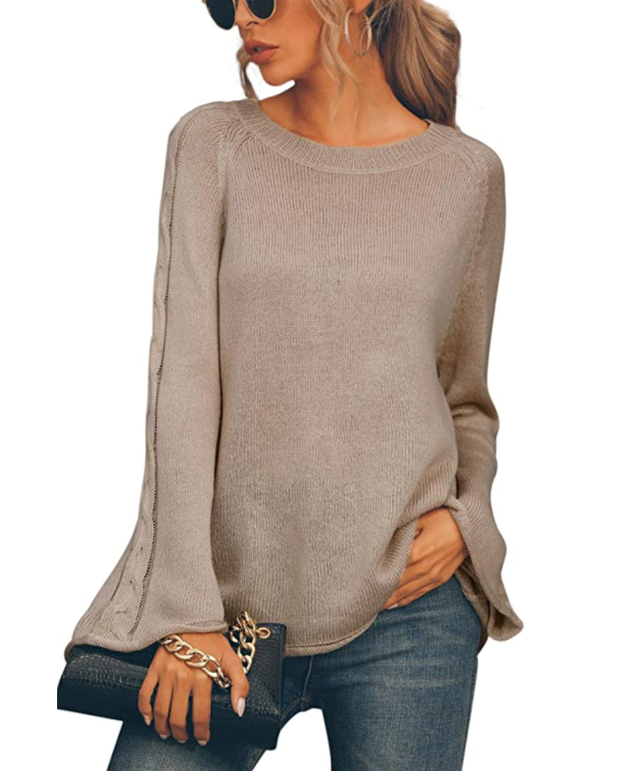 Hibluco Women's Casual Flare Sleeve Pullover Loose Knitted Crewneck Sweater