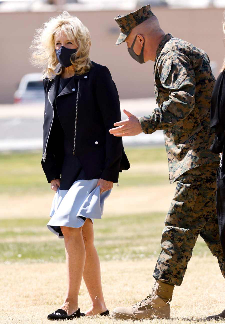 First Lady Jill Biden Braves the Wind Bare-Legged Midi Dress