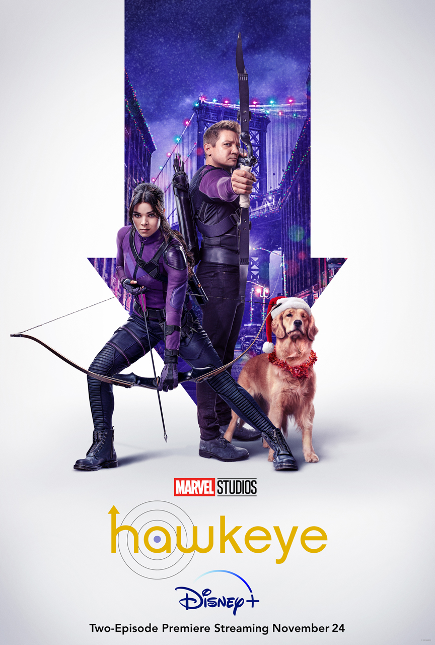 Marvel's Hawkeye on Disney Plus poster shows Kate, Clint and Lucky the Pizza Dog