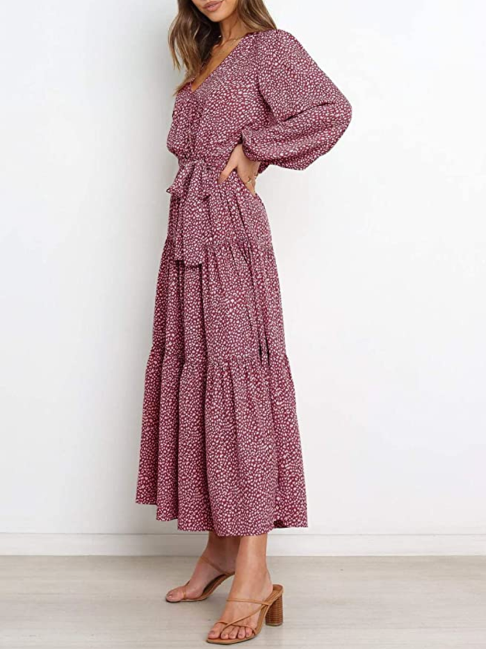 PRETTYGARDEN Women’s Long Sleeve V Neck Leopard Print Maxi Dress