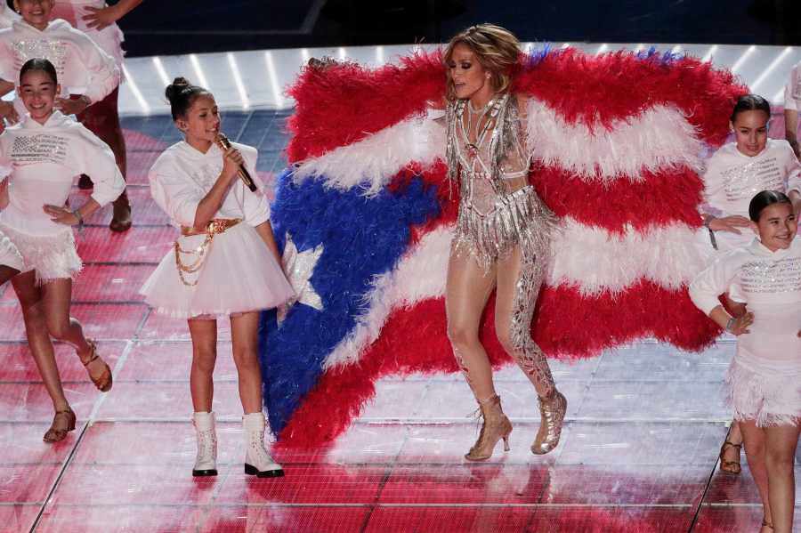 Emme performs with J. Lo at Super Bowl