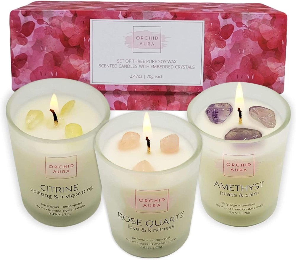 ORCHID AURA Soy Candles with Healing Crystals Set