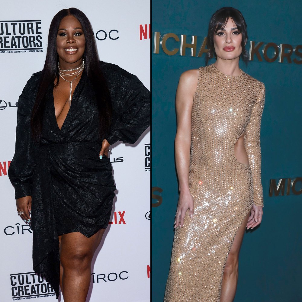 Glee's Amber Riley Seemingly Addresses Lea Michele's Racism Scandal: She Would Say She 'Doesn't See Race' black velvet dress champagne sparkle dress