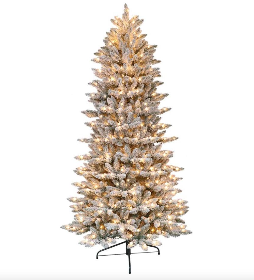 Puleo International 6.5 Foot Pre-Lit Slim Flocked Fraser Fir Artificial Christmas Tree
