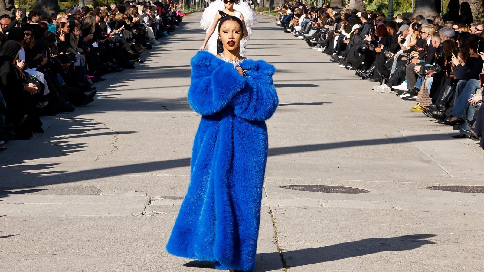 Cardi B Shuts Down Catwalk at Balenciaga Fall Runway Show in Oversize Blue Fur Coat
