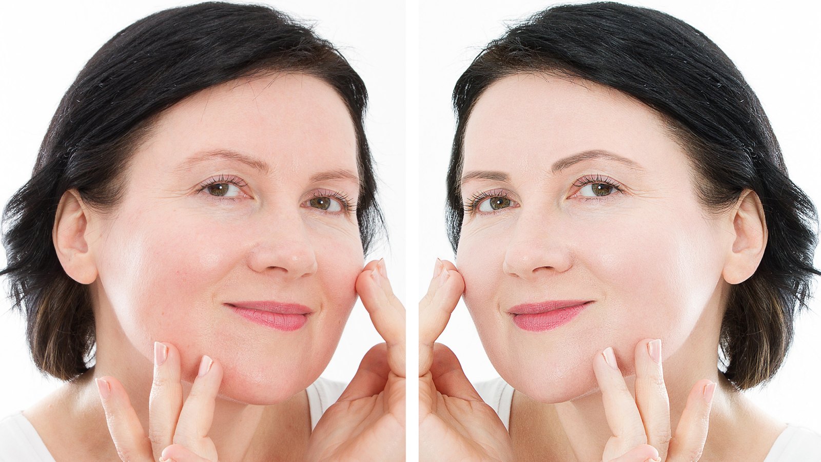Middle age close up woman happy face before after cosmetic procedures. Skin care for wrinkled face. Before-after anti-aging facelift treatment. Facial skincare and contouring. Beauty and make-up