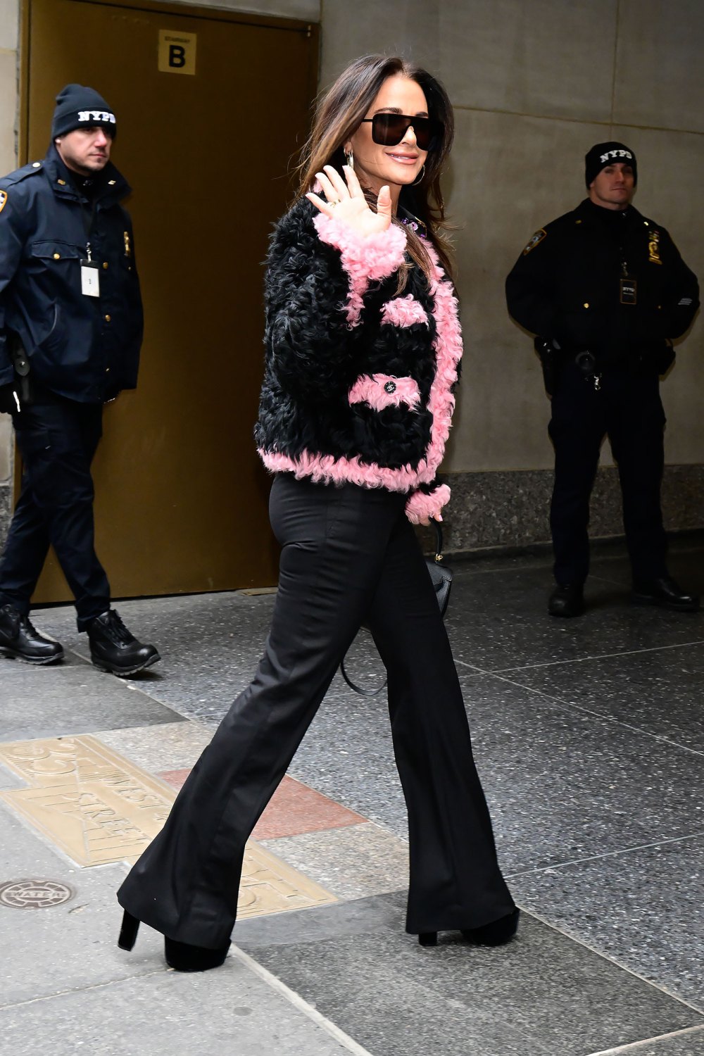 Kyle Richards Channels Her Inner French Girl in Black and Pink Cropped Shearling Jacket