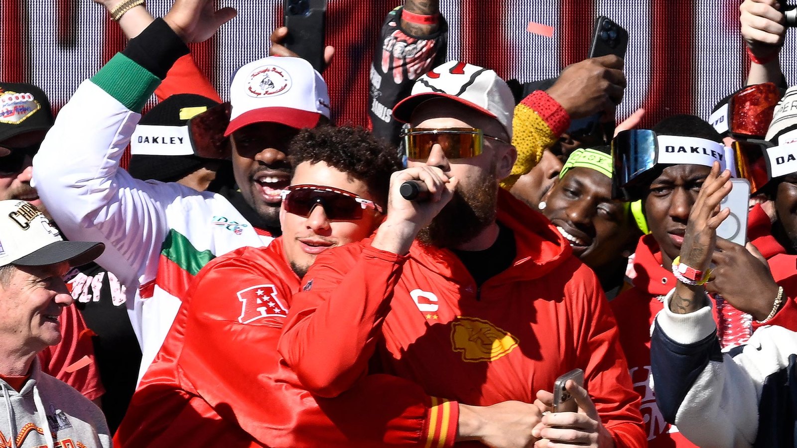 Travis Kelce Pumps Up the Crowd at the Kansas City Chiefs 2024 Super Bowl Parade 209