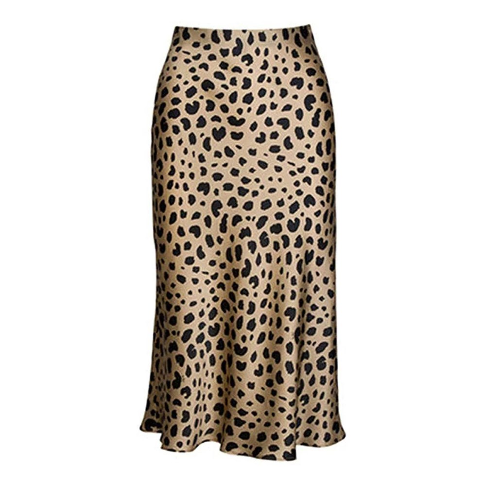 Keasmto Leopard Print Satin Elasticized Midi Skirt 