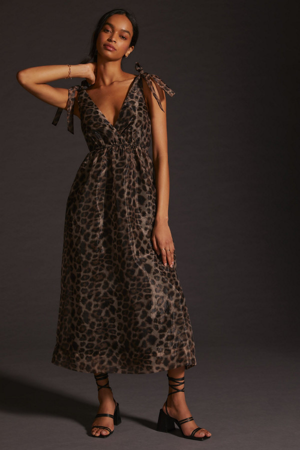 Organza Printed V-Neck Maxi Dress 