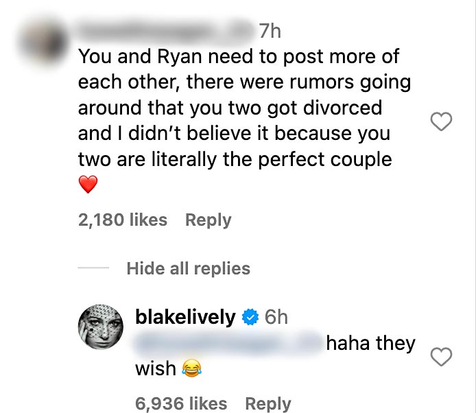 Blake Lively Responds to Fan About Ryan Reynolds Divorce Rumors They Wish 057