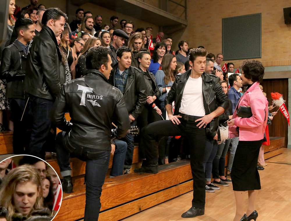 Aaron Tveit and Vanessa Hudgens during the dress rehearsal for 'Grease: Live,' with Austin Butler (inset).