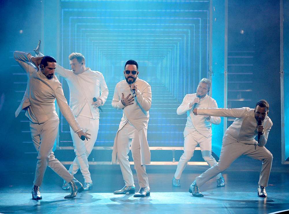 Kevin Richardson, Nick Carter, AJ McLean, Brian Littrell and Howie Dorough of the Backstreet Boys perform during the launch of the group's residency "Larger Than Life" at The Axis at Planet Hollywood Resort & Casino on March 1, 2017 in Las Vegas, Nevada. in Las Vegas, Nevada.