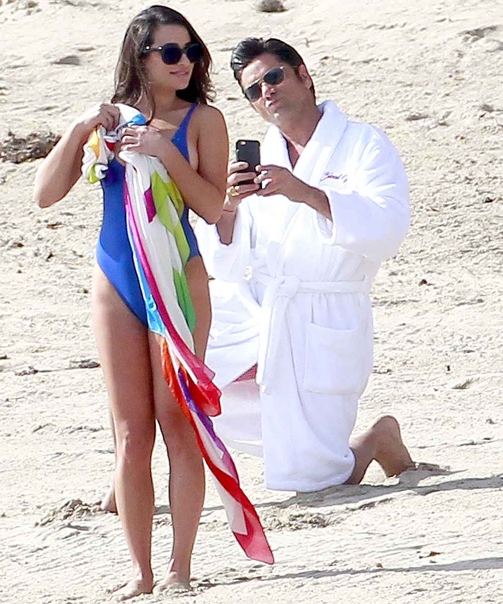 Lea Michele and John Stamos filming the season 2 finale of Scream Queens in Malibu.