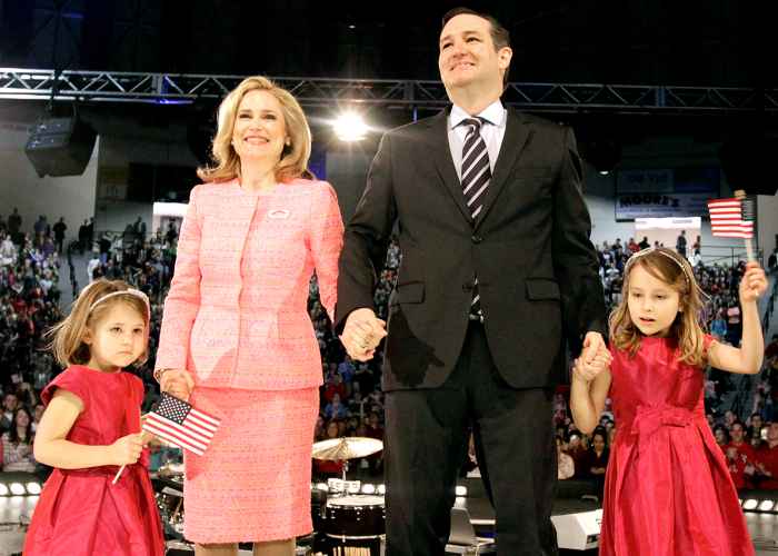 U.S. Senator Ted Cruz, a Republican from Texas, stands with his wife Heidi Nelson Cruz and daughters Catherine Cruz, left, and Caroline Cruz, right, as he marks the start of his presidential campaign by giving the convocation address at Liberty University in Lynchburg, Virginia, on March 23, 2015.