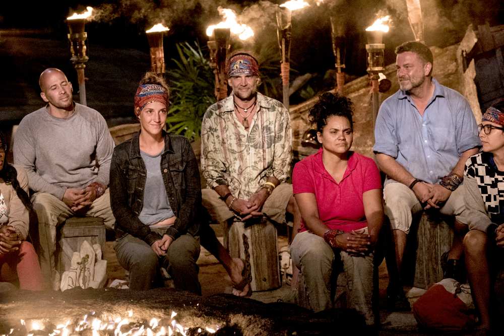 Tony Vlachos, Ciera Eastin, Troyzan Robertson, Sandra Diaz-Twine, Jeff Varner and Aubry Bracco at Tribal Council on SURVIVOR